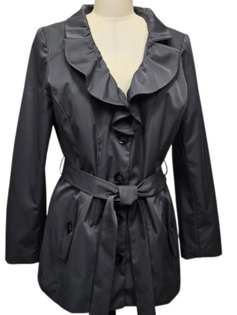Sandro Studio Satin Ruffle-Collar Trench Jacket-Coat Gray Size M